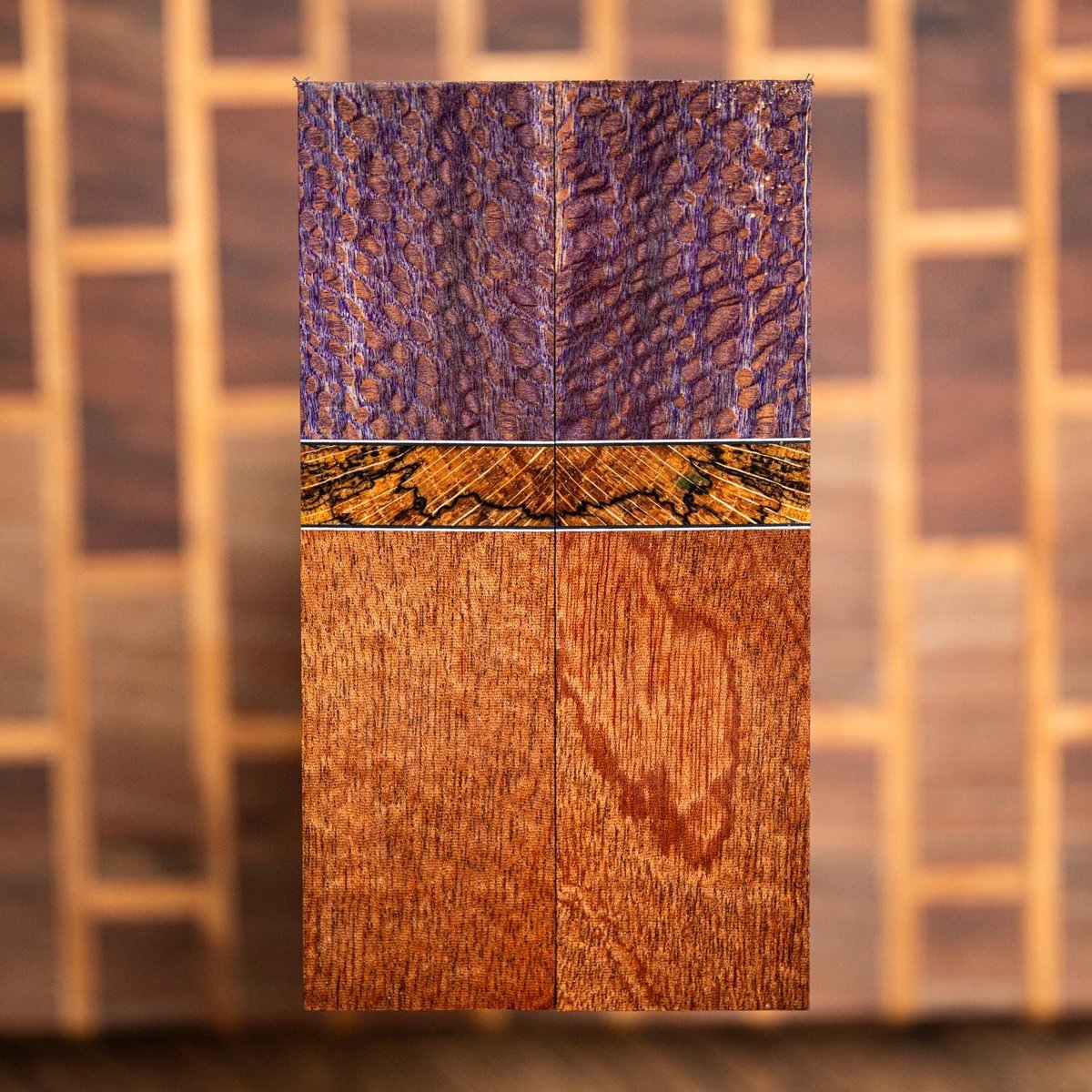 Quarter Sawn Sycamore, Spalted Oak, and African Mahogany Knife Scales - s-270