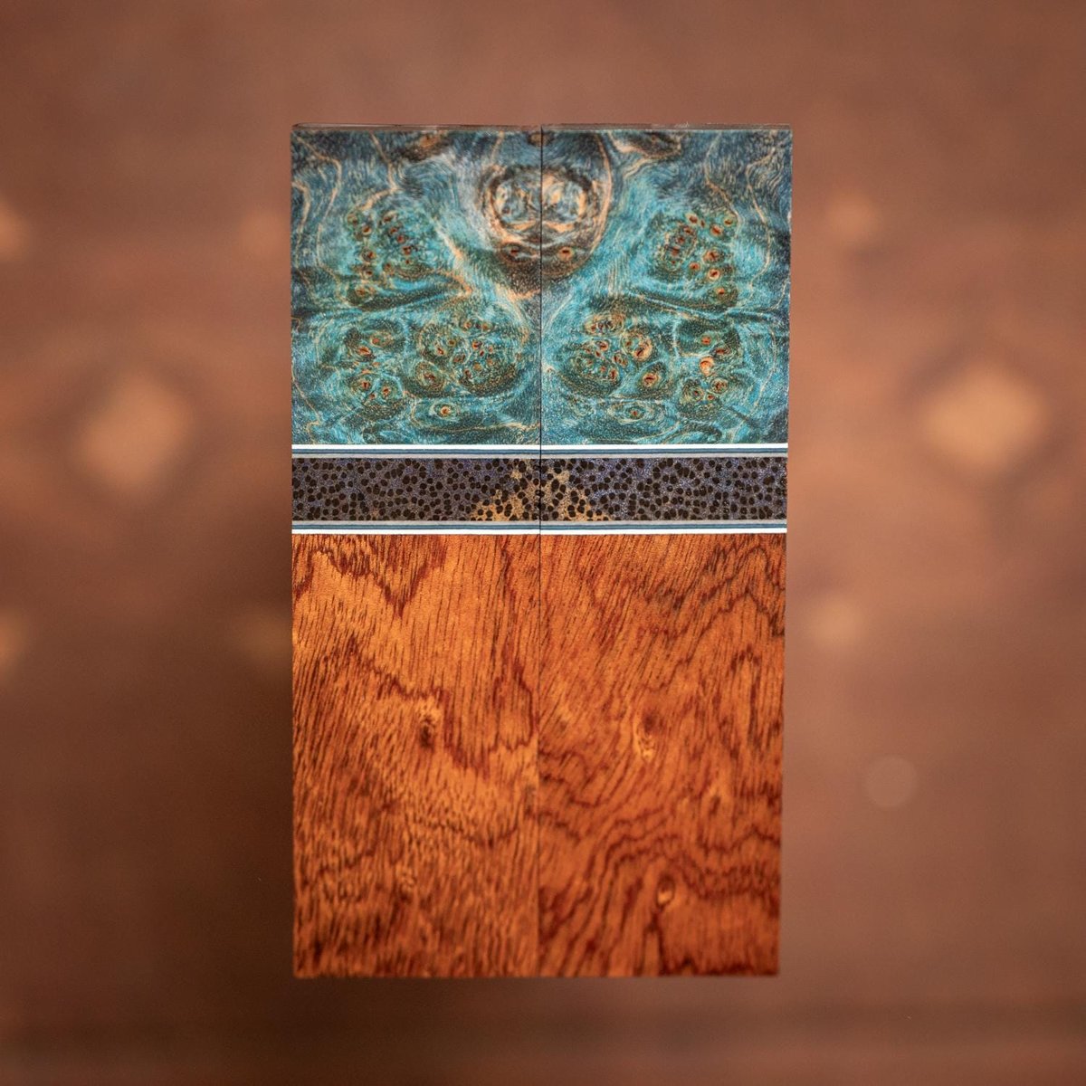 Maple Burl, Red Palm, and African Mahogany Combination Knife Scales - s-267