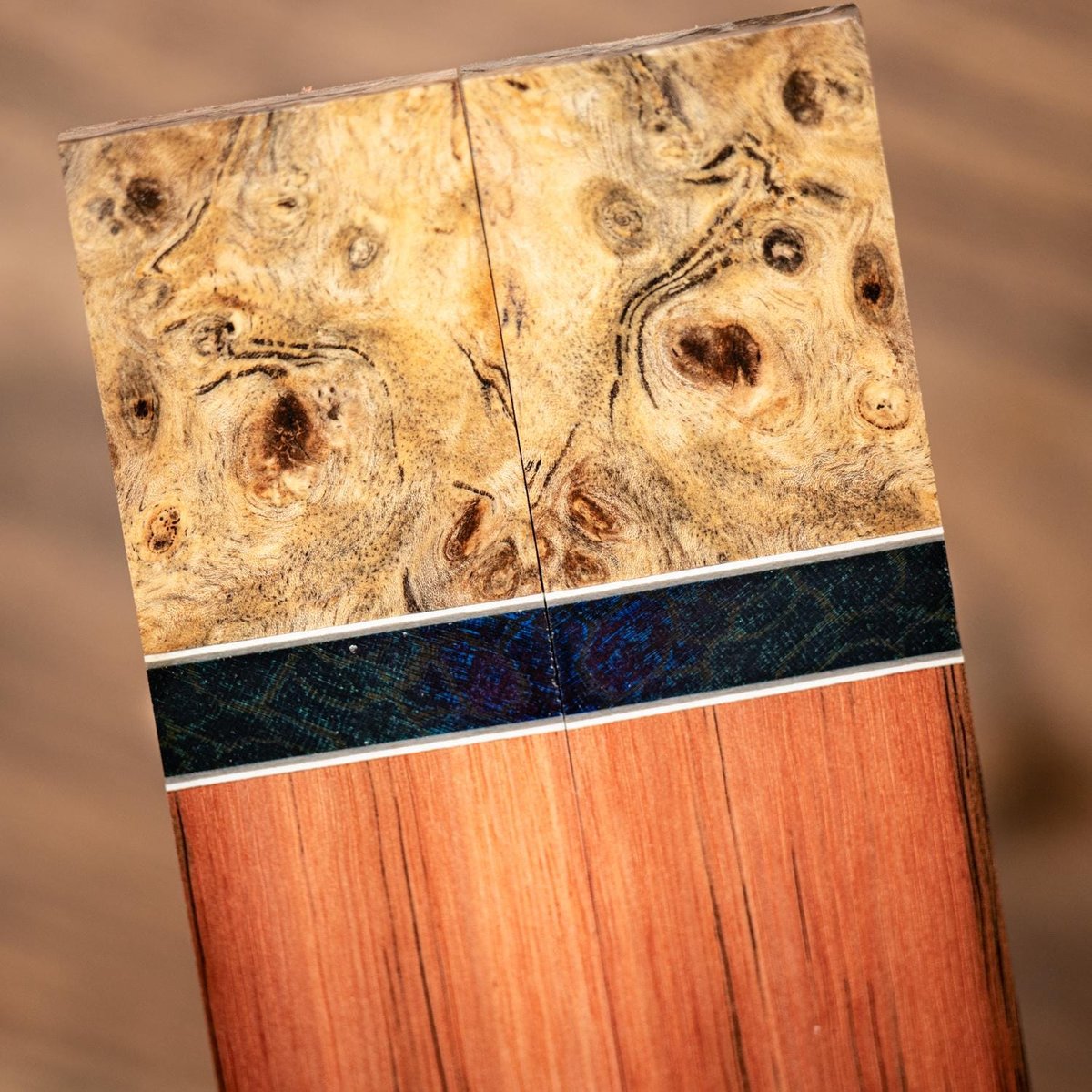 Mimba Burl, Spalted Ambulu, and Red Grandis Combination Knife Scales - s-288