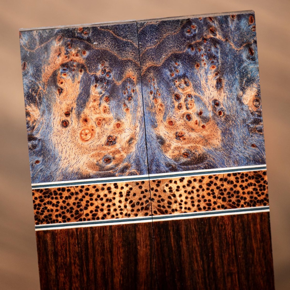 Maple Burl, Palm, and Bolivian Rosewood Combination Knife Scales - s-295