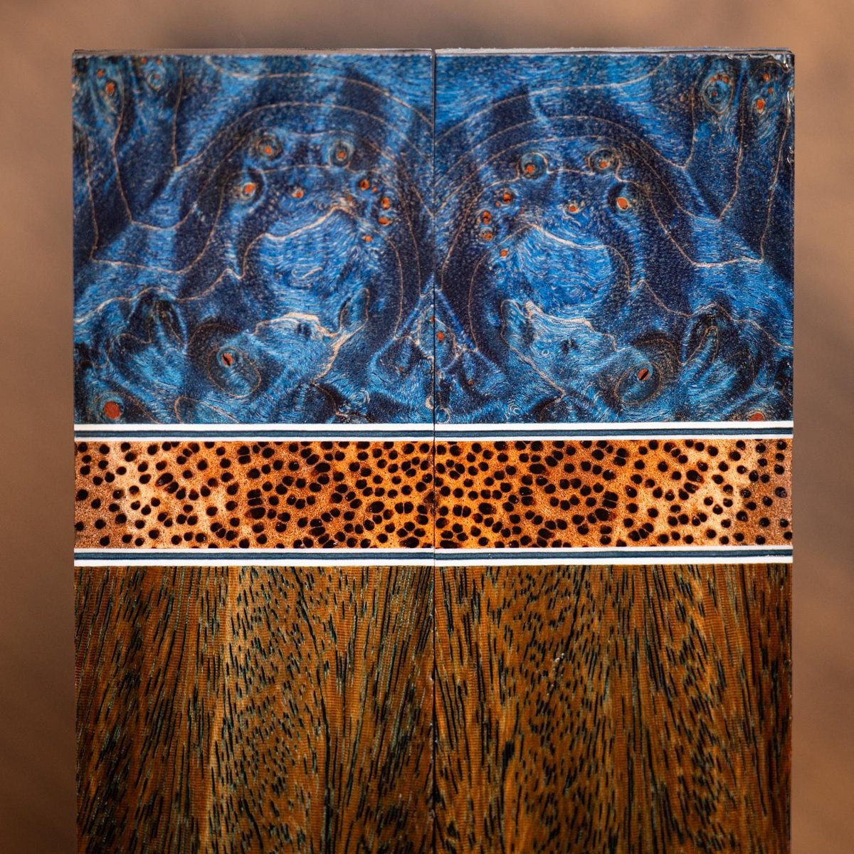 Maple Burl, Red Palm, and Cumaru Combination Knife Scales - Segmented - s-307