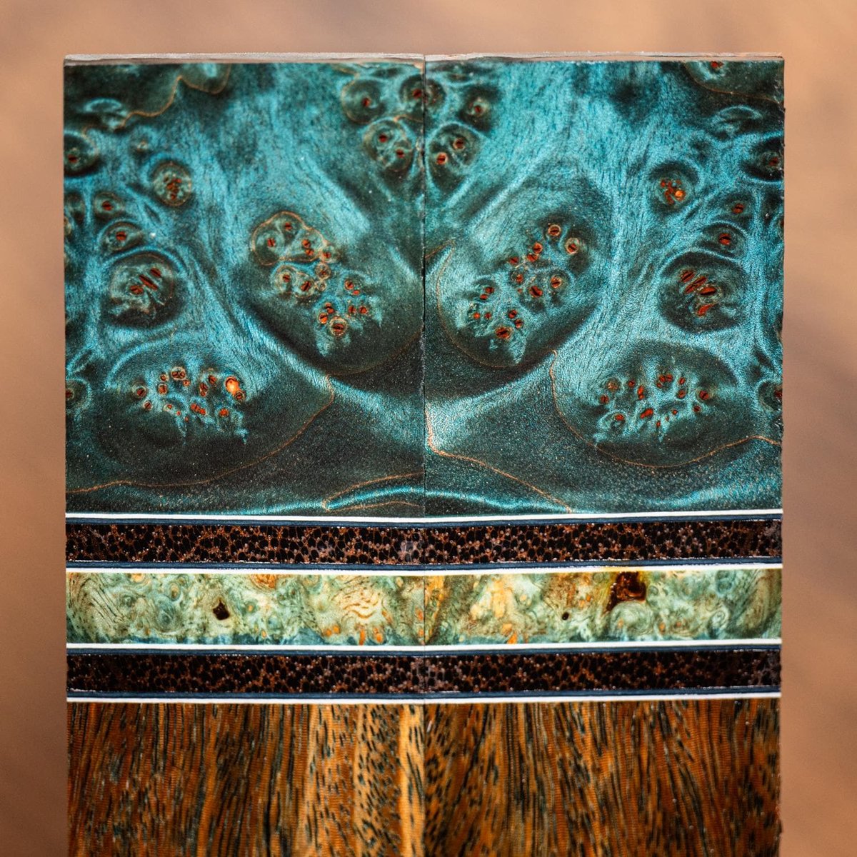 Maple Burl, Amboyna Burl, Black Palm, and Cumaru Combination Knife Scales - s-308