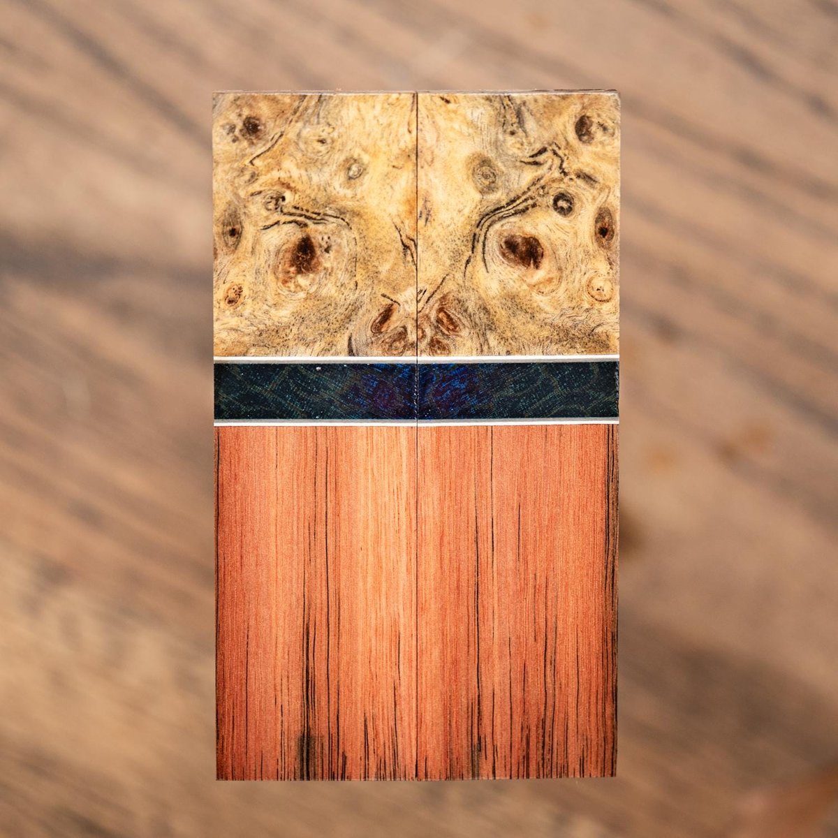 Mimba Burl, Spalted Ambulu, and Red Grandis Combination Knife Scales - s-288