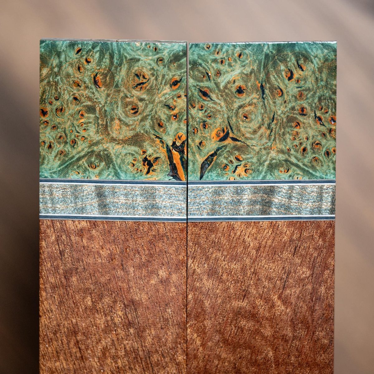 Maple Burl, Curly Maple, and Mahogany Combination Knife Scales - s-316