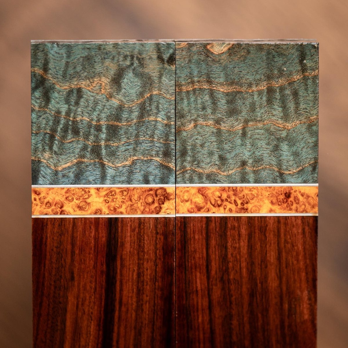 Curly Maple, Amboyna Burl, and Bolivian Rosewood Combination Knife Scales - s-306