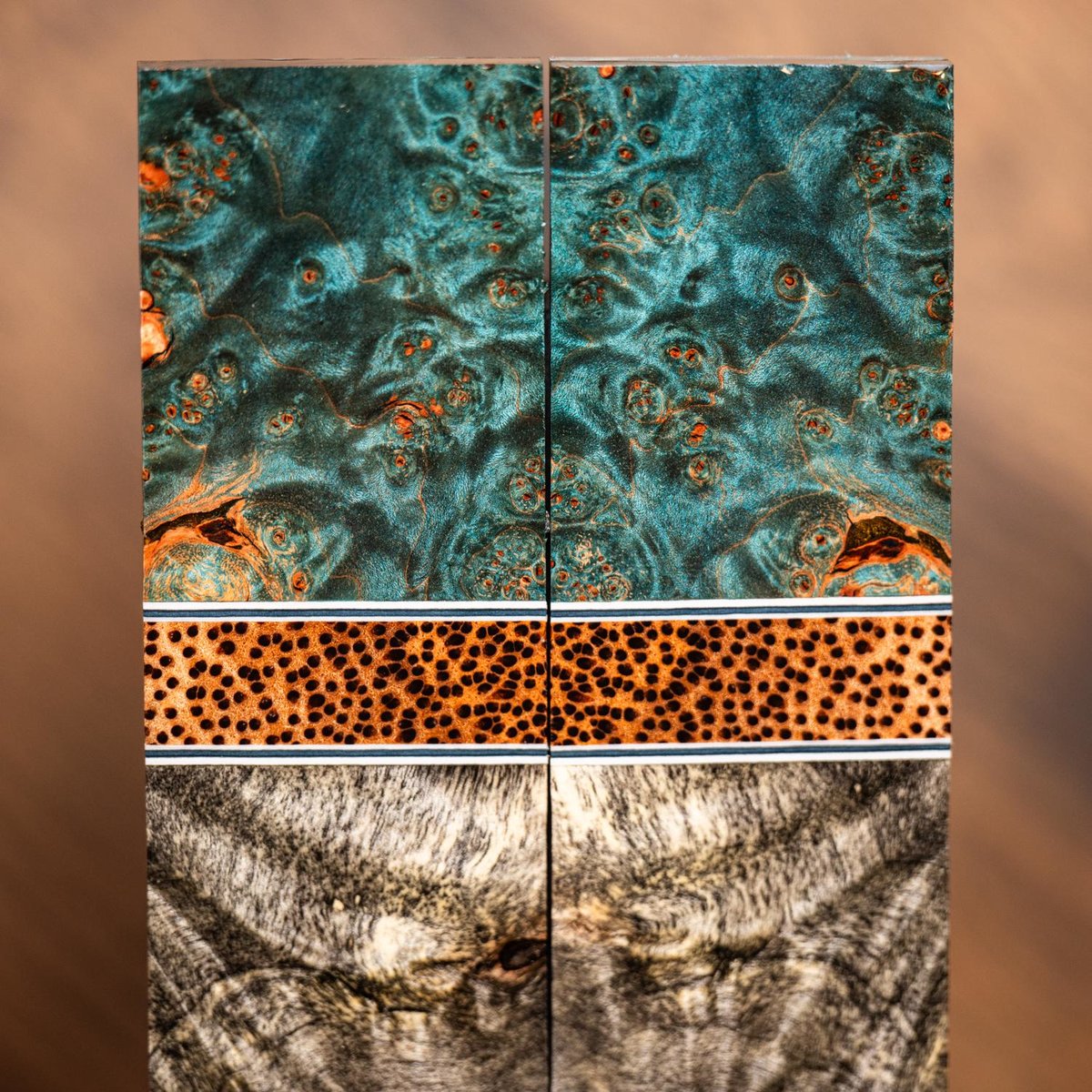 Maple Burl, Red Palm, and Buckeye Burl Combination Knife Scales - s-311