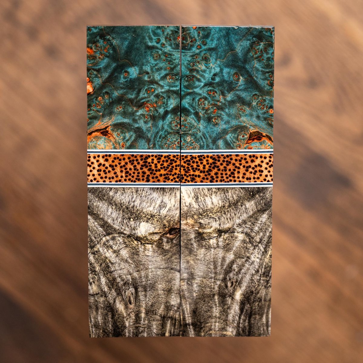 Maple Burl, Red Palm, and Buckeye Burl Combination Knife Scales - s-311